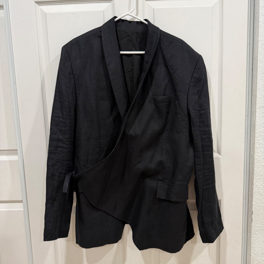 Skingraft Black 100% Linen Asymmetric Wrap Blazer Jacket XL Shawl Collar Tie
